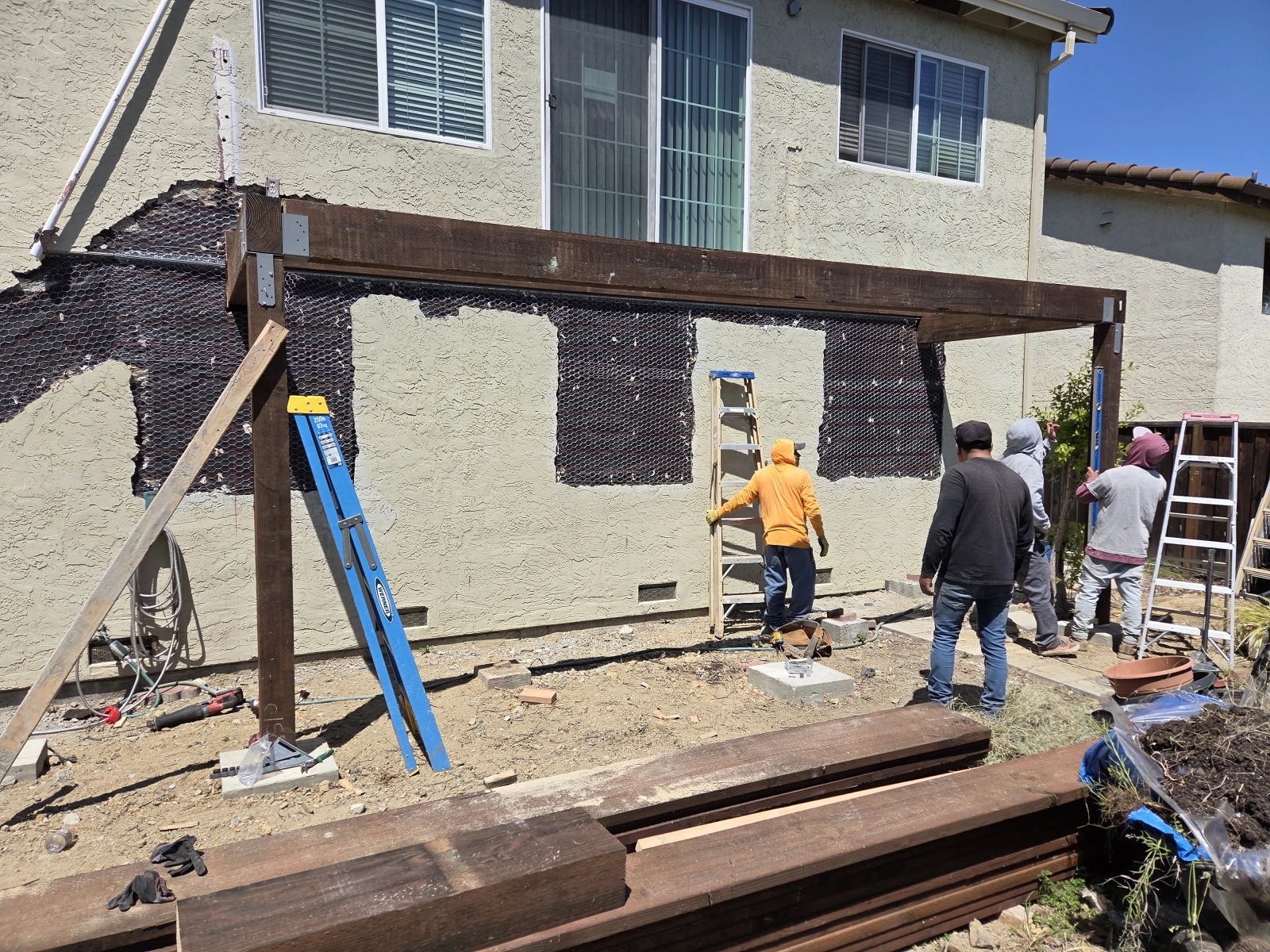 Framing details of the new wood deck structure