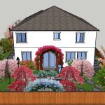 Front View with Garden – Beautiful entryway garden with lush greenery and decorative trees.