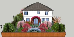Front View with Garden – Beautiful entryway garden with lush greenery and decorative trees.